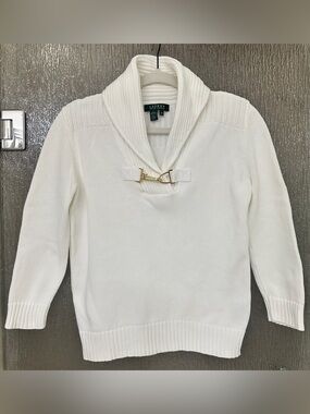 Lauren Ralph Lauren White Shawl-Collar Sweater with Gold Toggle